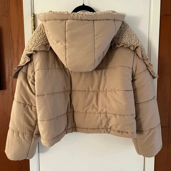 For Love & Lemons Hooded Ruffles Faux Sherpa Puffer Coat